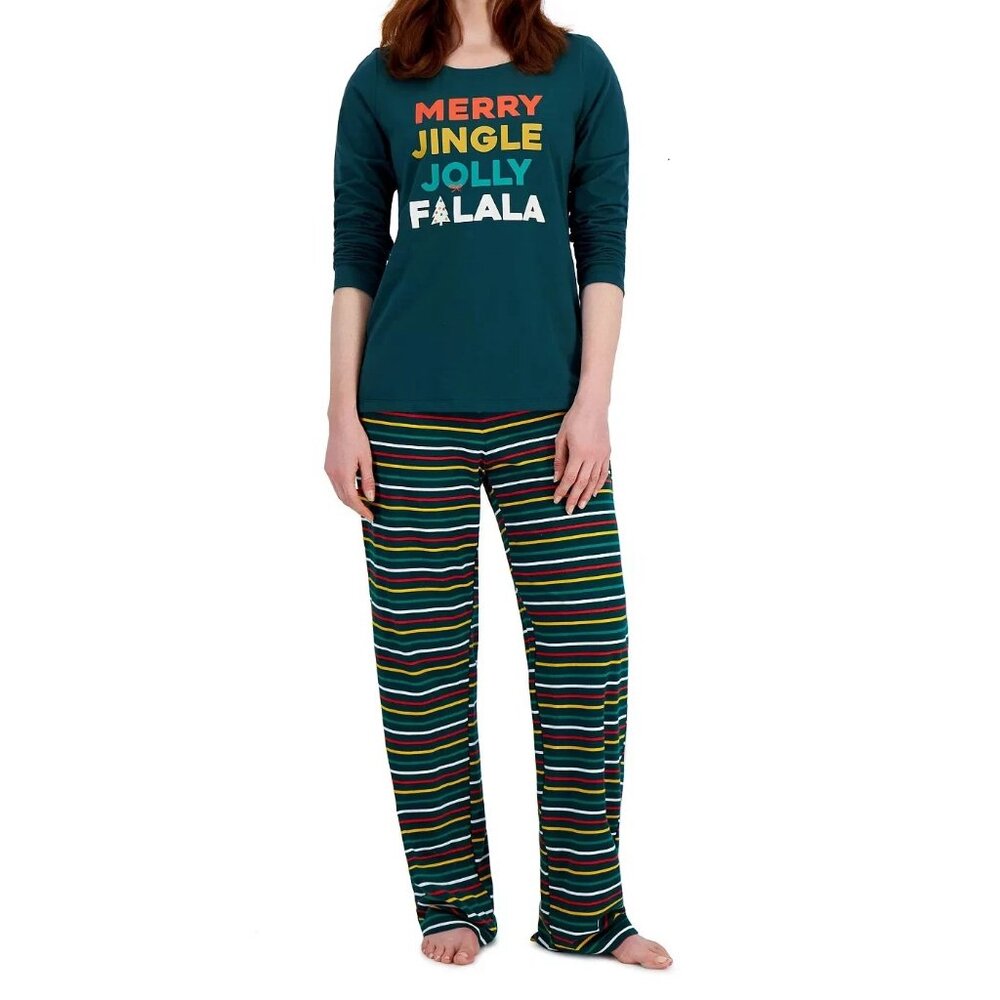 Family Pajamas Women's 2-Piece PJ Set, Green Merry Christmas Falala Stripes